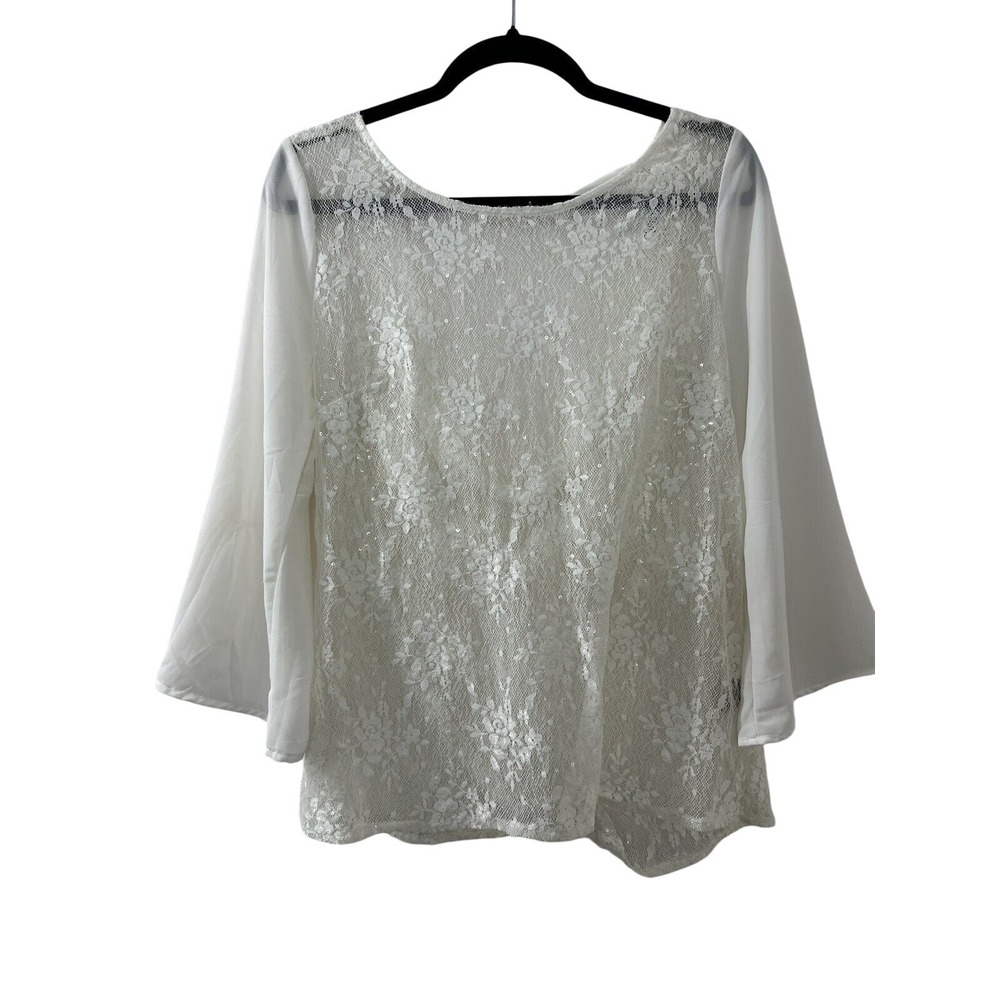 Christin Michaels Floral Lace Blouse M White Sequin Cowl Back Romantic Bridal
